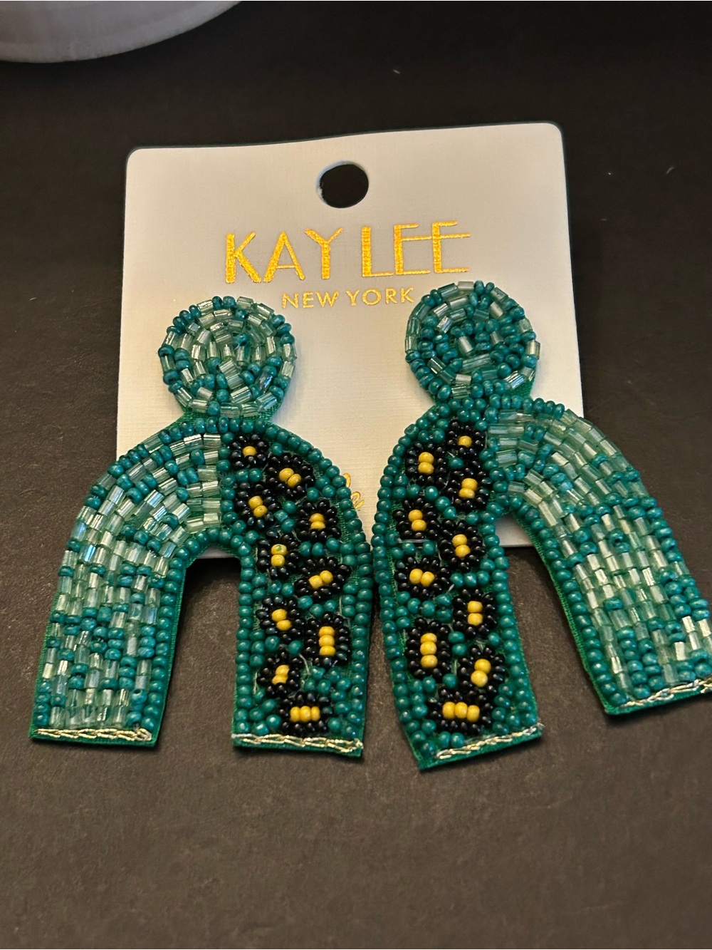 Kay Lee New York Green and Black Hand Beaded Boho Arch Design Post Back Earrings